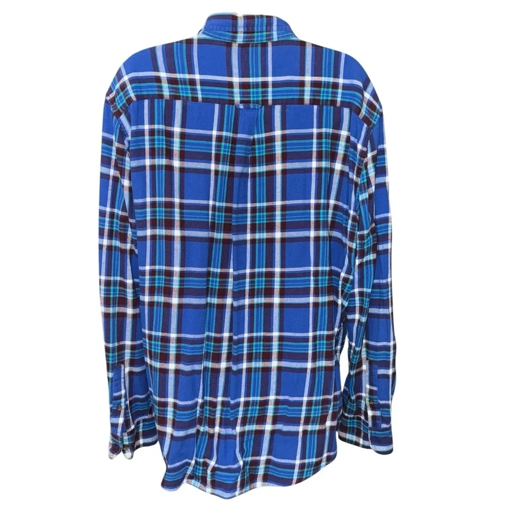 Chaps Men’s Blue Plaid Brushed Flannel Shirt XL Button Front Cotton Logo